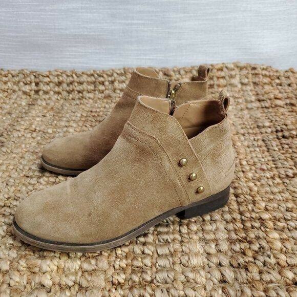 Franco Sarto Womens Booties Size 6 Beige Suede Studded Side Zip Almond Toe - Picture 4 of 9